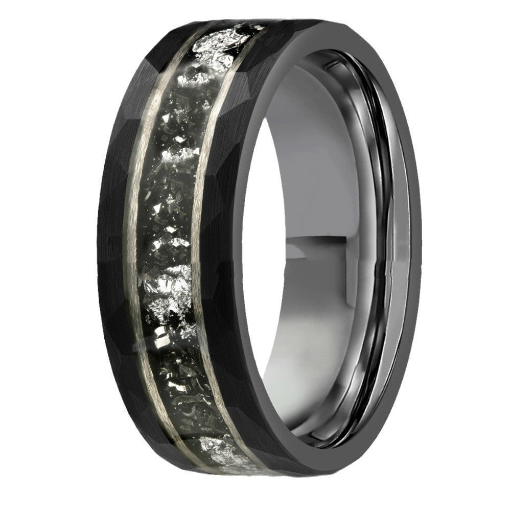 8mm Electric Black Hammer Pattern Tungsten Ring Steel Color Inner Step Inlaid Iron Chips Silver Foil - 𝓢𝓱𝓸𝓹𝓵𝓮𝓬𝔂
