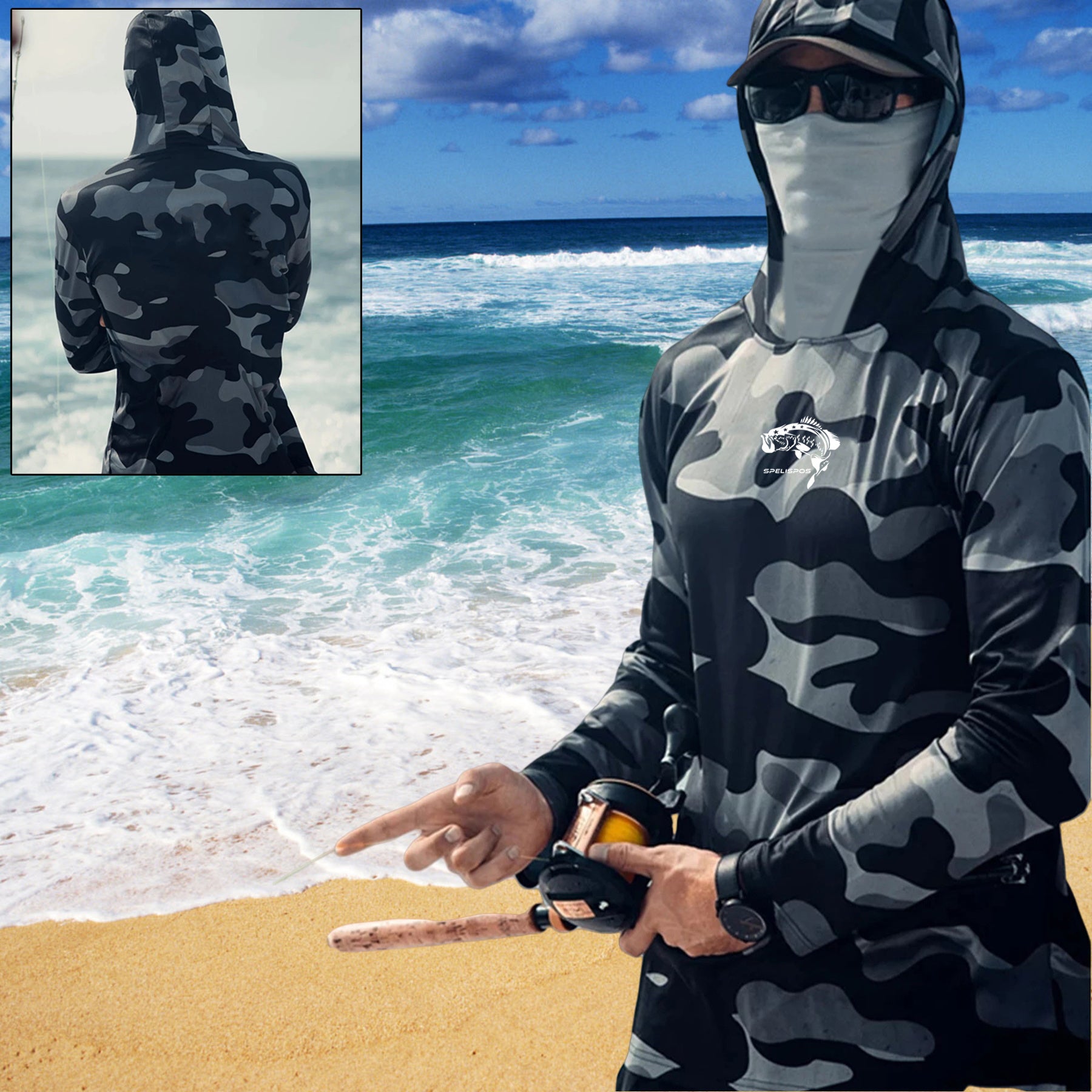 Fishing Hoodie Face Mask Neck Cover Sailing Shirt Summer Men Long Sleeve Sun Protection Hunting Jersey Camisa De Pesca Performance Fish Gear Beach Tops Wear Climbing Uniform