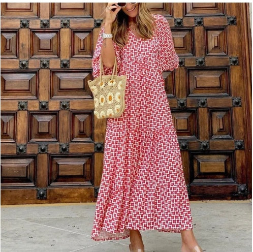 Summer Women's Vintage Printed Bohemian Dress Elegant Ladies Casual Loose V-Neck Short Sleeve Long Dresses - 𝓢𝓱𝓸𝓹𝓵𝓮𝓬𝔂
