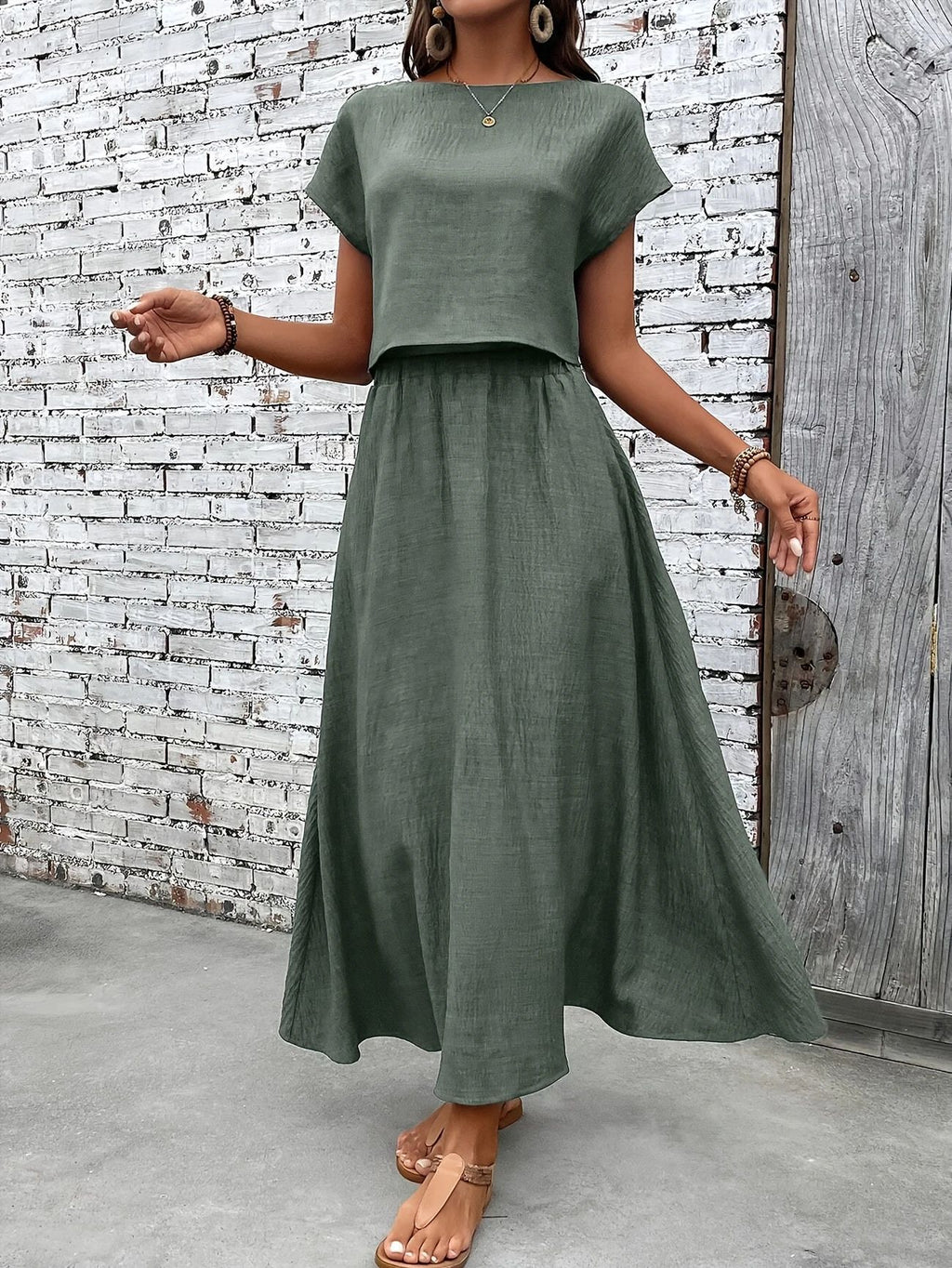 2 Piece Set Women's Solid Color Short Sleeve Top And Casual A- Line Dress Suit - 𝓢𝓱𝓸𝓹𝓵𝓮𝓬𝔂