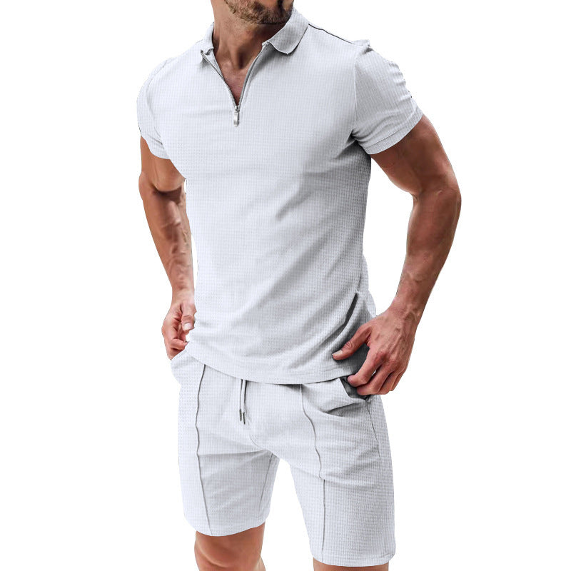 2Pcs Casual Waffle Suit Summer Zipper Lapel Short-sleeved Top And Drawstring Pockets Shorts Versatile Solid Color T-shirt Set For Mens Clothing - 𝓢𝓱𝓸𝓹𝓵𝓮𝓬𝔂
