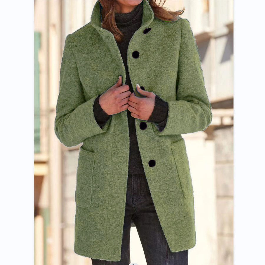 Fashion Stand Collar Woolen Coat With Pockets Fall Winter Casual Button Outwear For Women Clothing - 𝓢𝓱𝓸𝓹𝓵𝓮𝓬𝔂
