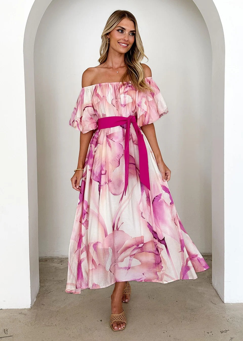 European American Summer New Temperament Shoulder Waist Puff Sleeve Printed Large Swing Dress - 𝓢𝓱𝓸𝓹𝓵𝓮𝓬𝔂