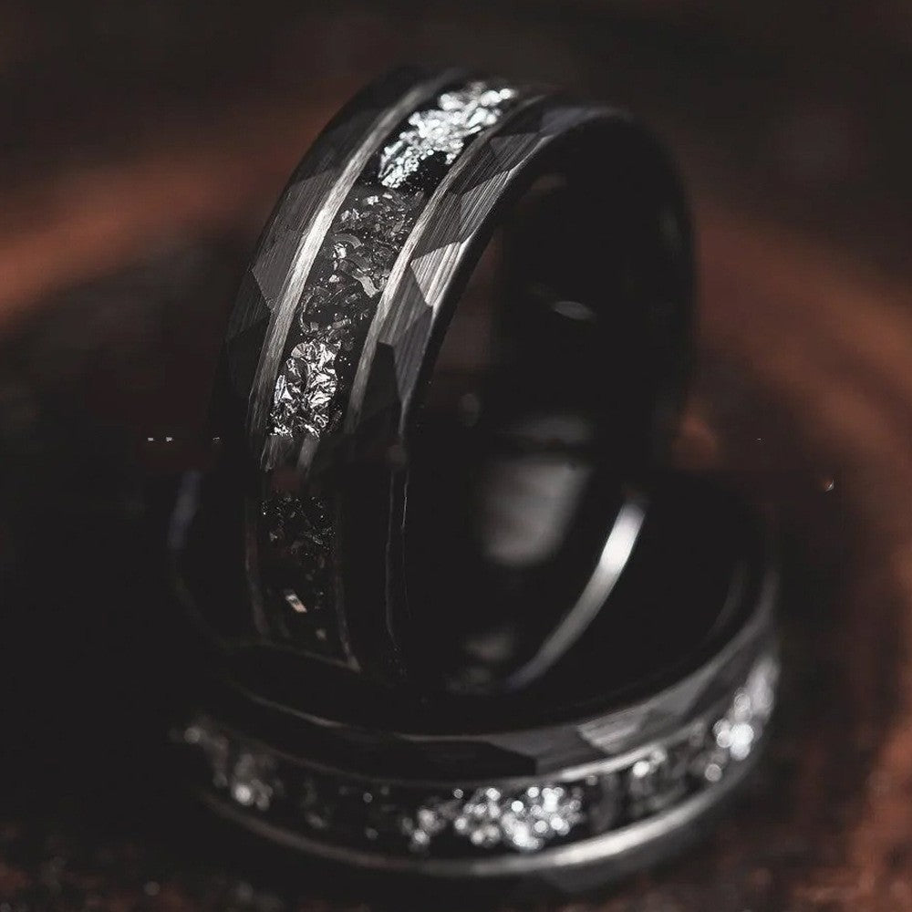 8mm Electric Black Hammer Pattern Tungsten Ring Steel Color Inner Step Inlaid Iron Chips Silver Foil - 𝓢𝓱𝓸𝓹𝓵𝓮𝓬𝔂