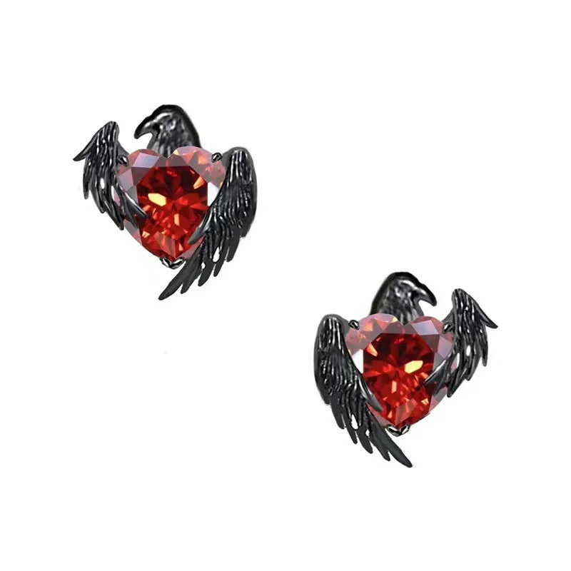 Black Crow Red Love Heart Earrings Personalized Niche