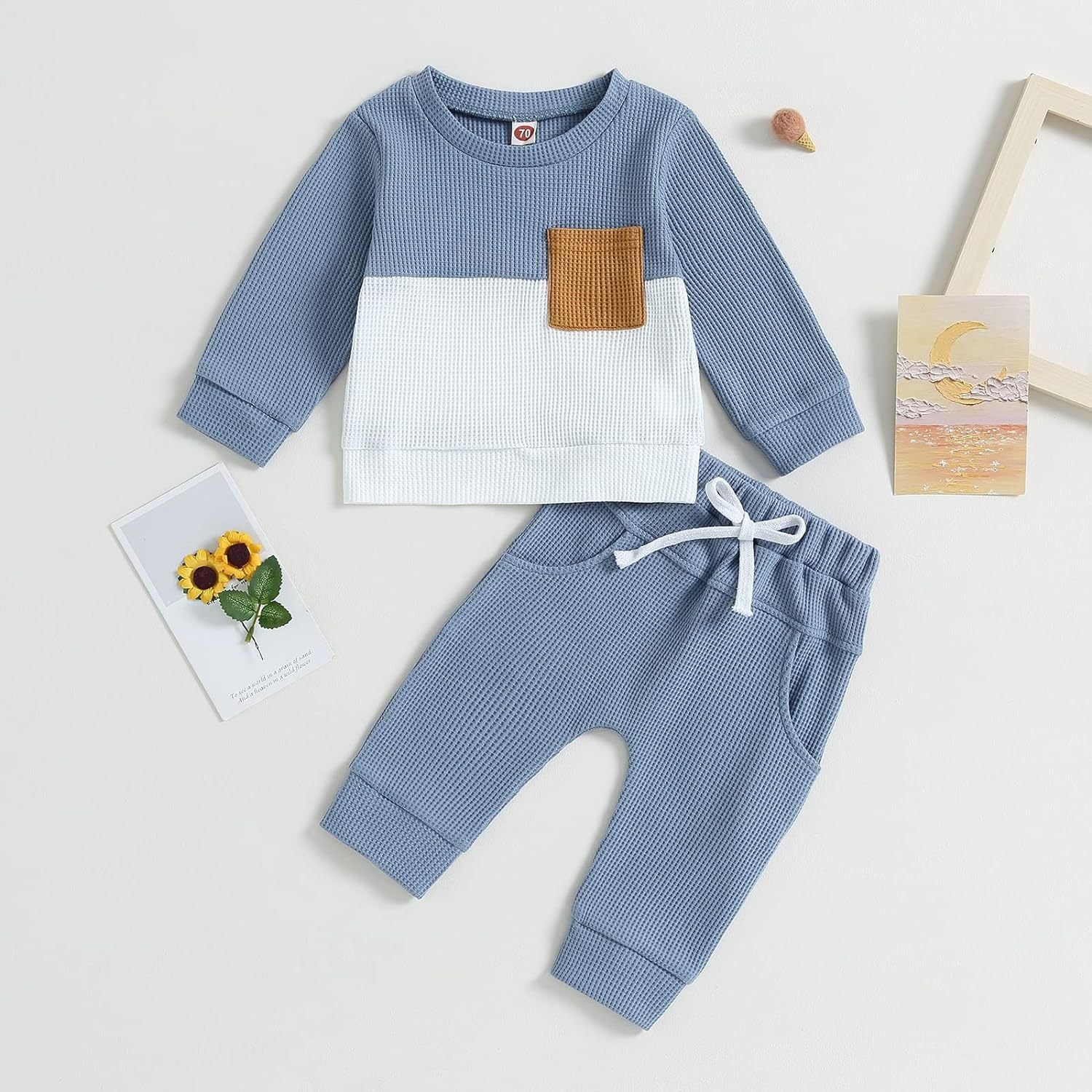 Color Matching Pocket Waffle Sweater Lace-up Sweatpants 2-Piece Children's Fashion Casual Wear Baby Suit - 𝓢𝓱𝓸𝓹𝓵𝓮𝓬𝔂