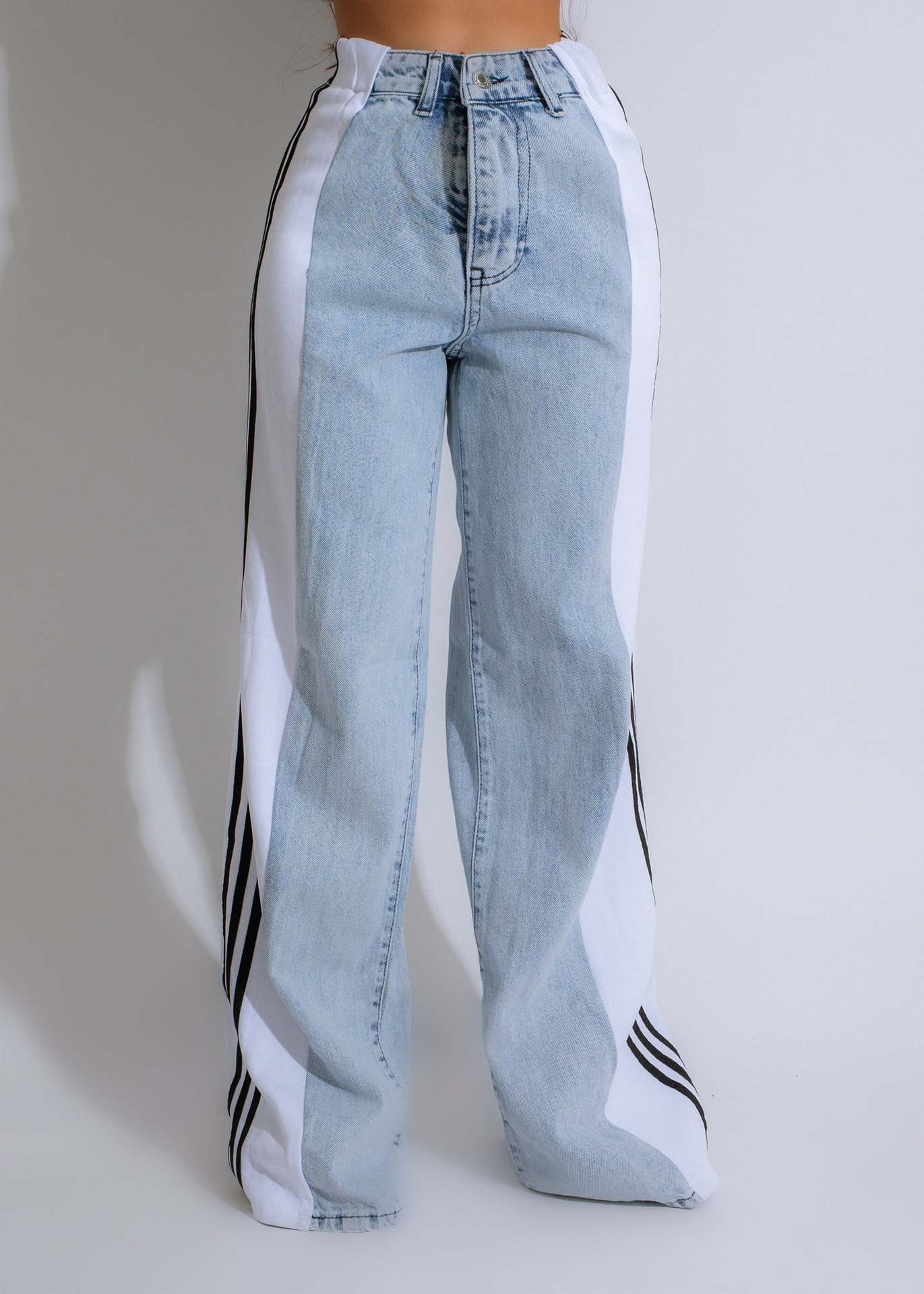 2025 Fashion Casual High Waist Elastic Straight Leg Trousers Three Stripe Patchwork Denim Wide Leg Pants Streetwear - 𝓢𝓱𝓸𝓹𝓵𝓮𝓬𝔂