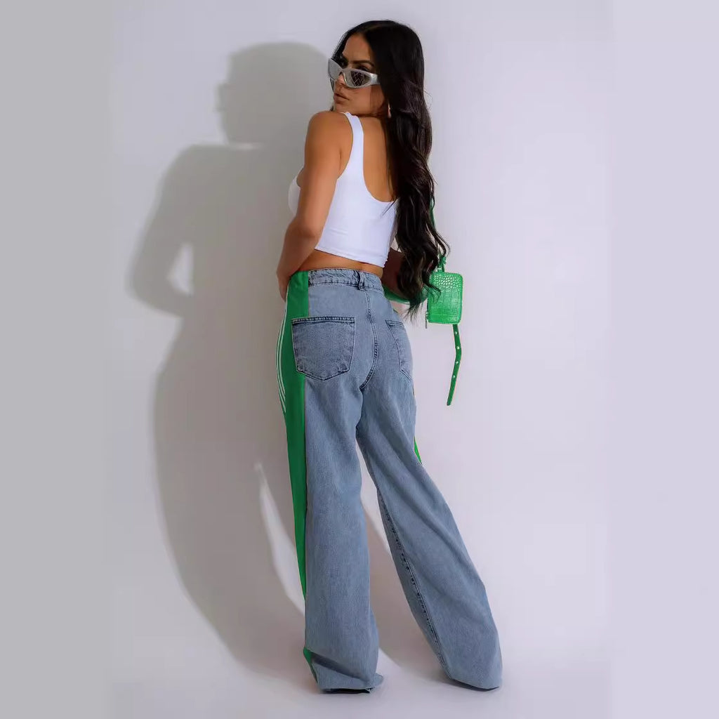 2025 Fashion Casual High Waist Elastic Straight Leg Trousers Three Stripe Patchwork Denim Wide Leg Pants Streetwear - 𝓢𝓱𝓸𝓹𝓵𝓮𝓬𝔂