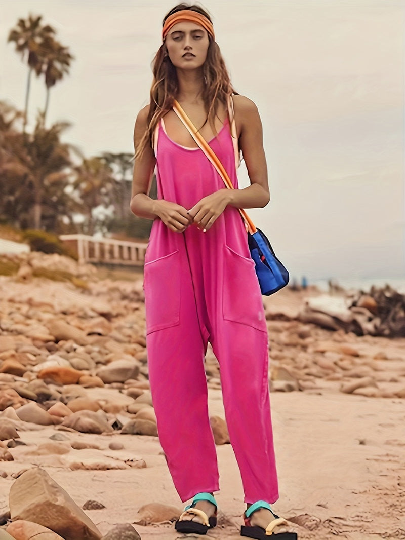 Summer Women's Loose Sleeveless Jumpsuits Spaghetti Strap Long Pant Romper Jumpsuit With Pockets Zipper - 𝓢𝓱𝓸𝓹𝓵𝓮𝓬𝔂
