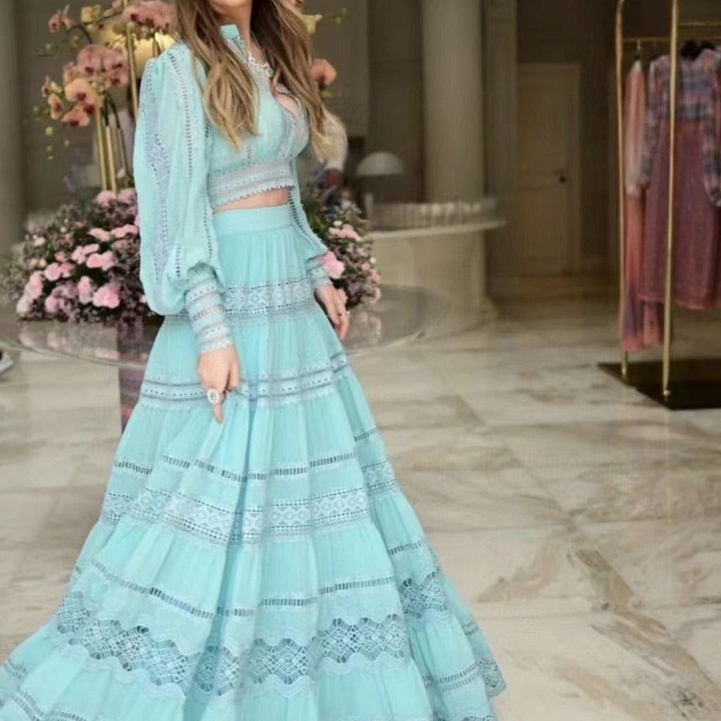 Australia Foreign Trade Fall New Suit Lace Patchwork Top Lace Waist-slimming Long Dress Suit For Women 