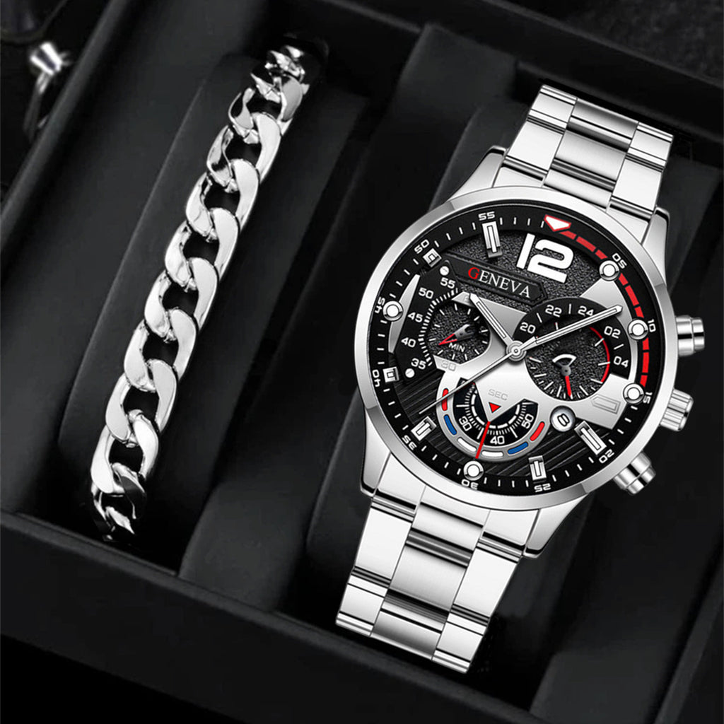 2pcs Men's New Popular Steel Strip Fashion Business Three Eye Quartz Watch Bracelet Set Valentine's Day Gifts - 𝓢𝓱𝓸𝓹𝓵𝓮𝓬𝔂
