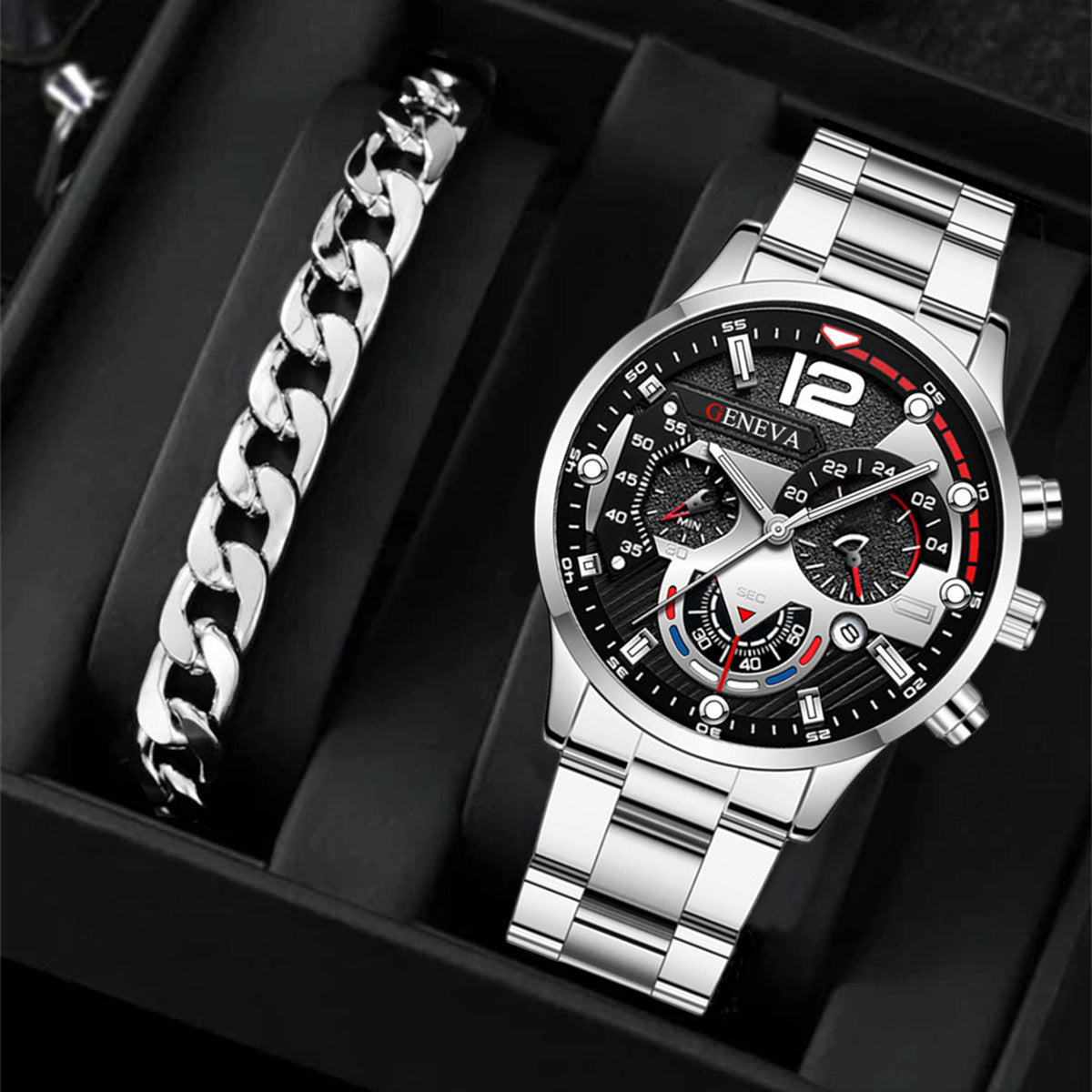 2pcs Men's New Popular Steel Strip Fashion Business Three Eye Quartz Watch Bracelet Set Valentine's Day Gifts - 𝓢𝓱𝓸𝓹𝓵𝓮𝓬𝔂