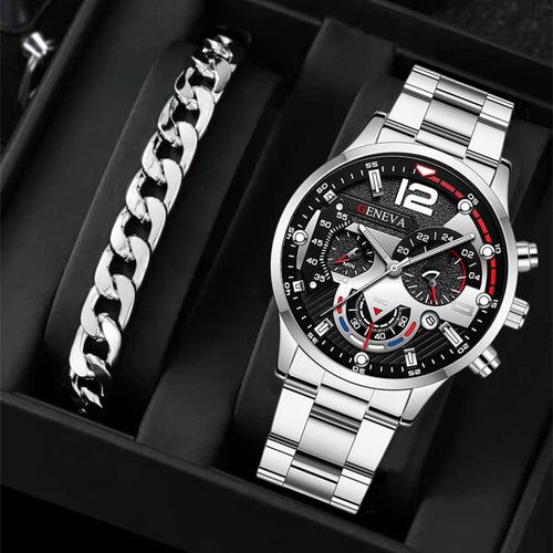2pcs Men's New Popular Steel Strip Fashion Business Three Eye Quartz Watch Bracelet Set Valentine's Day Gifts - 𝓢𝓱𝓸𝓹𝓵𝓮𝓬𝔂