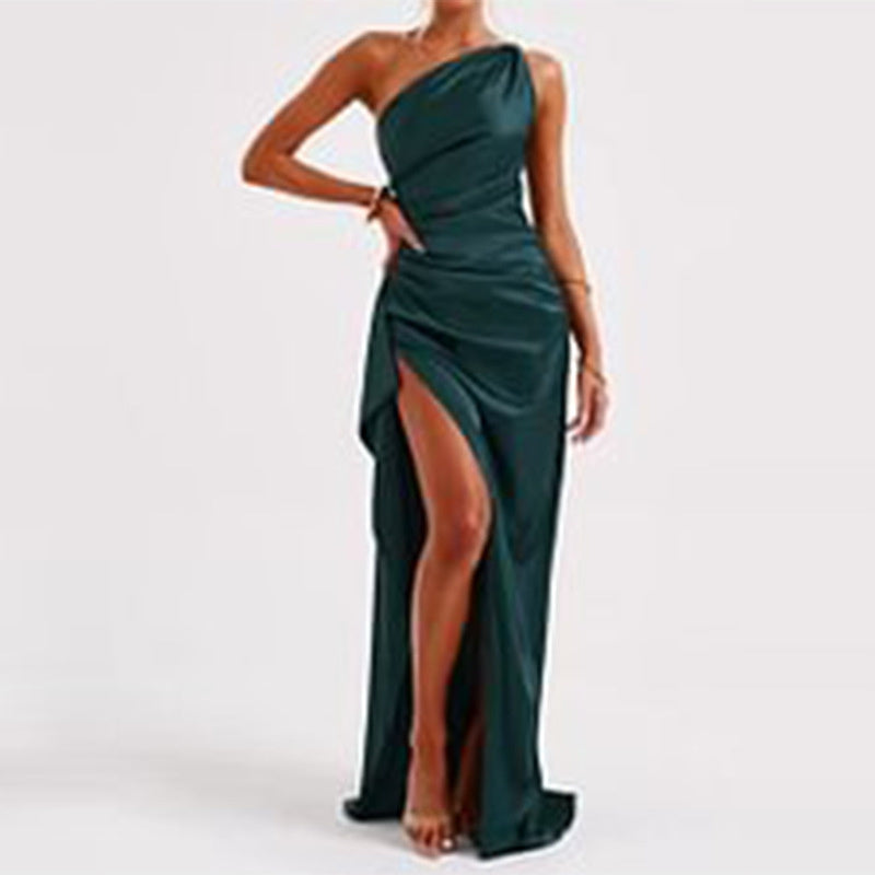 Sexy One-shoulder Backless Slit Dress Summer Elegant Slim-fit Solid Color Satin Dresses For Women - 𝓢𝓱𝓸𝓹𝓵𝓮𝓬𝔂
