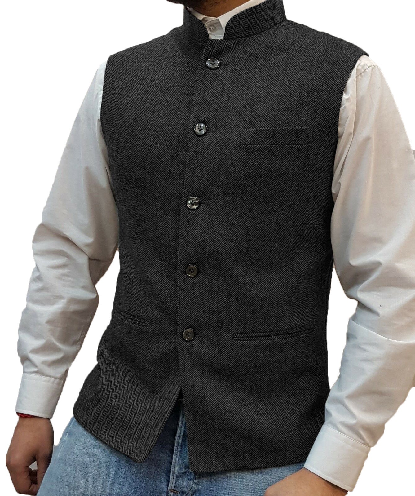 Zhongshan Collar Herringbone Pattern Vest Man - 𝓢𝓱𝓸𝓹𝓵𝓮𝓬𝔂