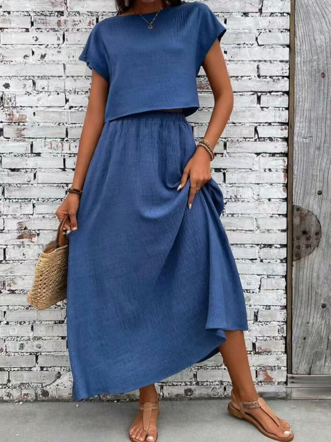 2 Piece Set Women's Solid Color Short Sleeve Top And Casual A- Line Dress Suit - 𝓢𝓱𝓸𝓹𝓵𝓮𝓬𝔂