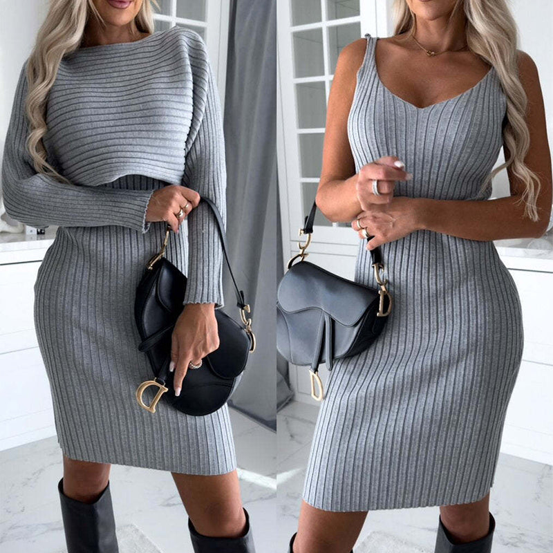 2pcs Suit Women's Solid Stripe Long-sleeved Top And Tight Suspender Skirt Fashion Autumn Winter Slim Clothing - 𝓢𝓱𝓸𝓹𝓵𝓮𝓬𝔂