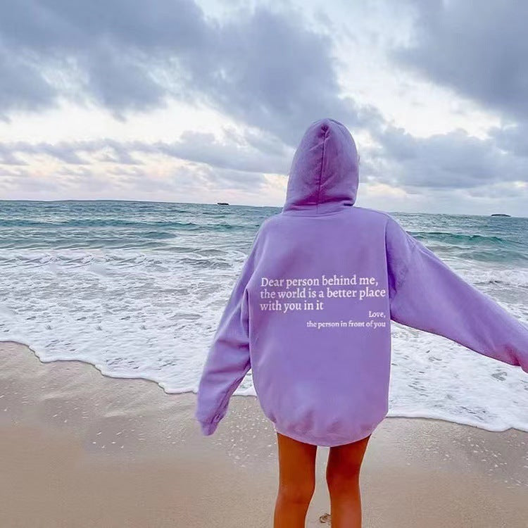Dear Person Behind Me,the World Is A Better Place,with You In It,love,the Person In Front Of You,Women's Plush Letter Printed Kangaroo Pocket Drawstring Printed Hoodie Unisex Trendy Hoodies - 𝓢𝓱𝓸𝓹𝓵𝓮𝓬𝔂