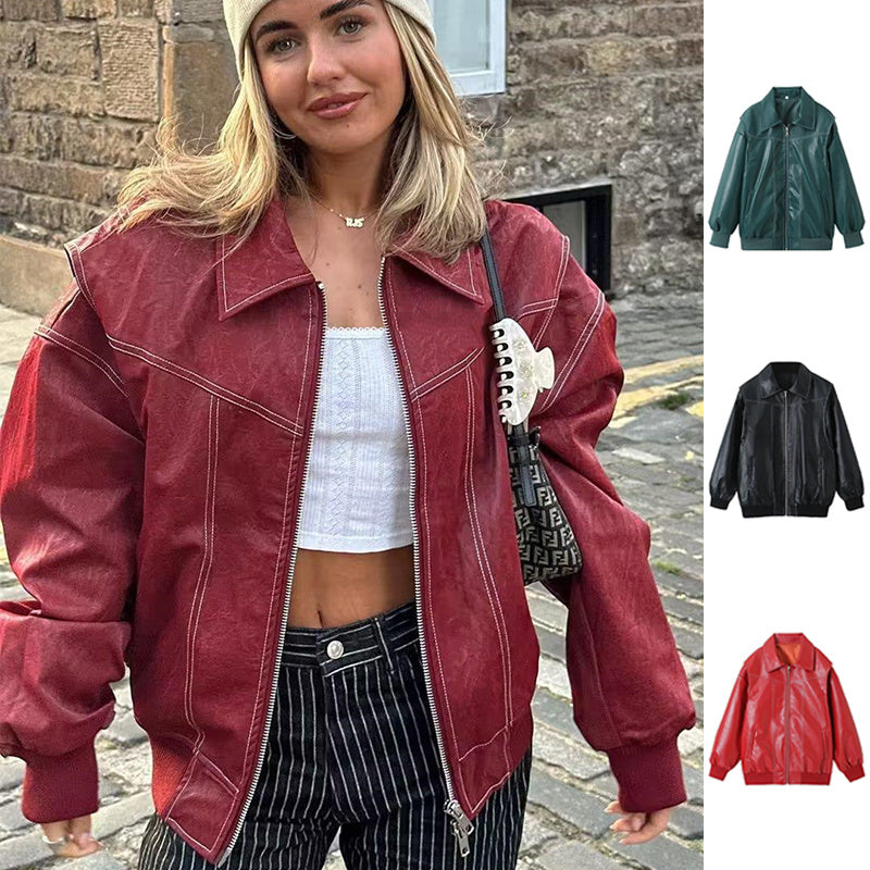 Loose Fashion Lapel Zip-up Jacket Cool Long Sleeve Zipper Closure Moto Biker Leather Jacket Womens Clothing - 𝓢𝓱𝓸𝓹𝓵𝓮𝓬𝔂