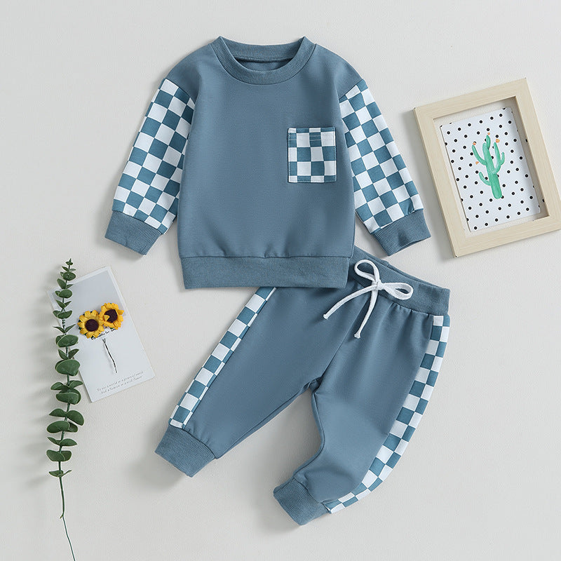 Boys' Chessboard Plaid Patchwork Sweater Sweatpants 2-piece Set - 𝓢𝓱𝓸𝓹𝓵𝓮𝓬𝔂