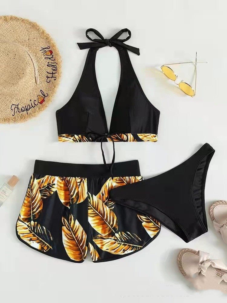 3pcs Leaf Print Bikini With Shorts Fashion Summer Beach Swimsuit Womens Clothing - 𝓢𝓱𝓸𝓹𝓵𝓮𝓬𝔂