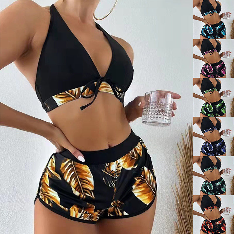 3pcs Leaf Print Bikini With Shorts Fashion Summer Beach Swimsuit Womens Clothing - 𝓢𝓱𝓸𝓹𝓵𝓮𝓬𝔂
