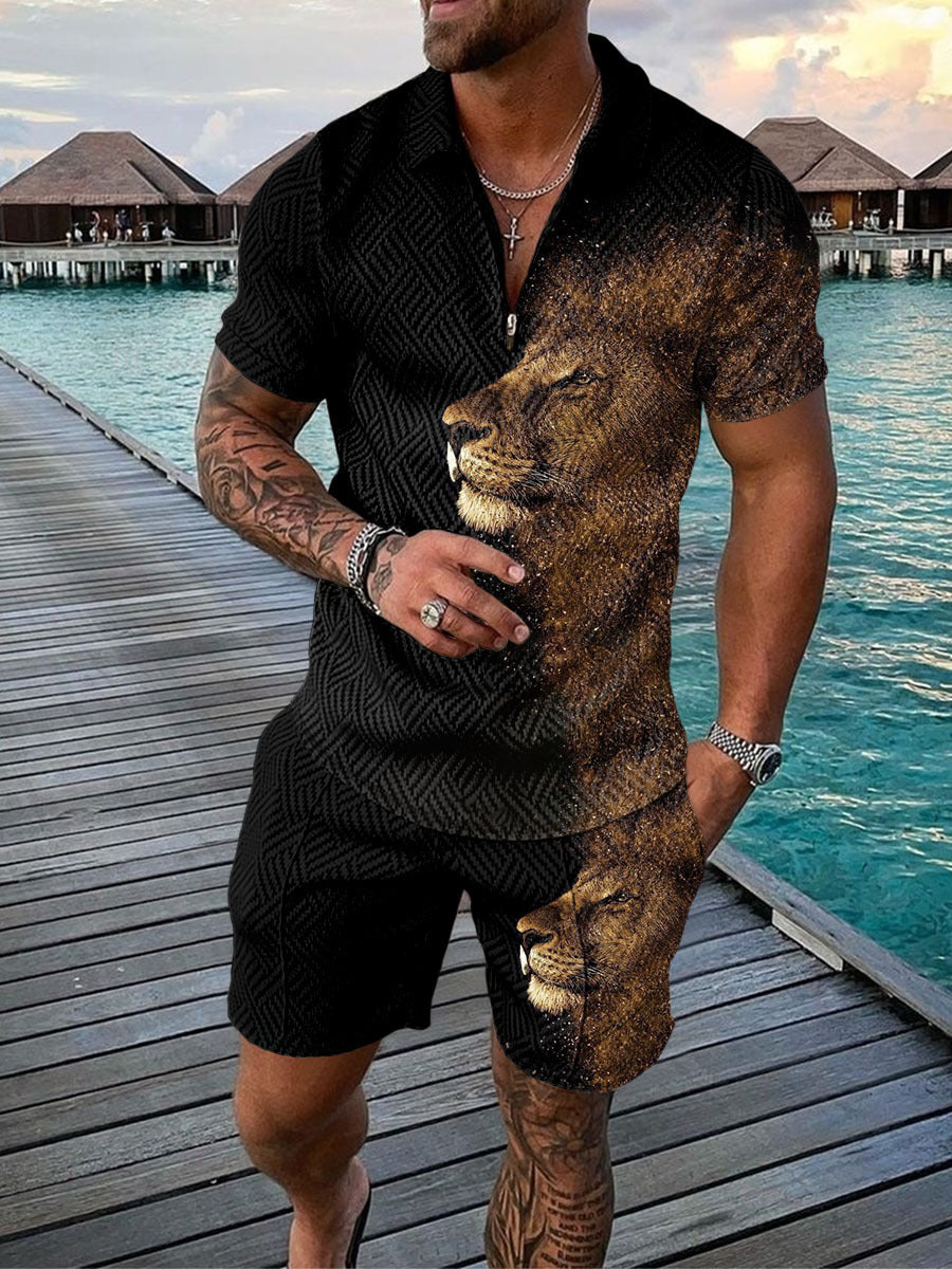 Men's Casual Color Contrast POLO Zip Lapel Shirt Short Sleeve Suit - 𝓢𝓱𝓸𝓹𝓵𝓮𝓬𝔂