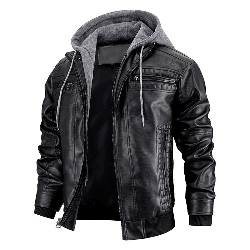 Hooded Jacket With Zipper Pockets Fashion Warm Pu Leather Coat Mens Clothing - 𝓢𝓱𝓸𝓹𝓵𝓮𝓬𝔂