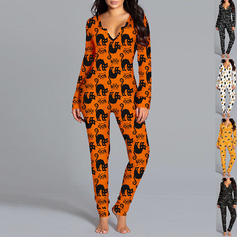 Halloween Printed Jumpsuit Long Sleeve Home Pajamas Casual Trousers Women's Cos Clothing - 𝓢𝓱𝓸𝓹𝓵𝓮𝓬𝔂