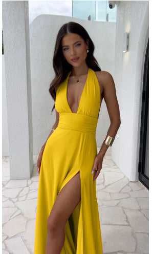 Sexy Halterneck V-neck Slit Dress Summer Backless Strappy Skirt Fashion Temperament Clothing Women - 𝓢𝓱𝓸𝓹𝓵𝓮𝓬𝔂