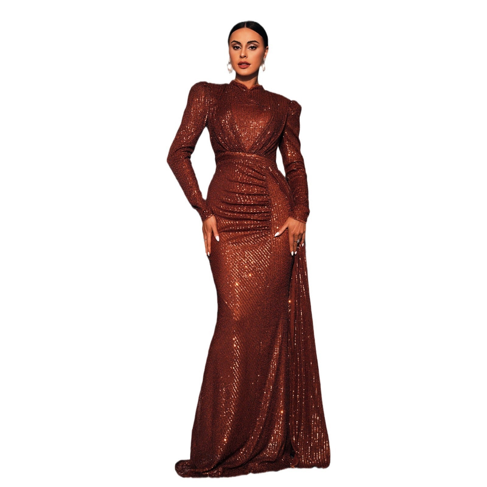 Long Sleeve Round Neck Sexy Slim Long Sequined Banquet Dress - 𝓢𝓱𝓸𝓹𝓵𝓮𝓬𝔂