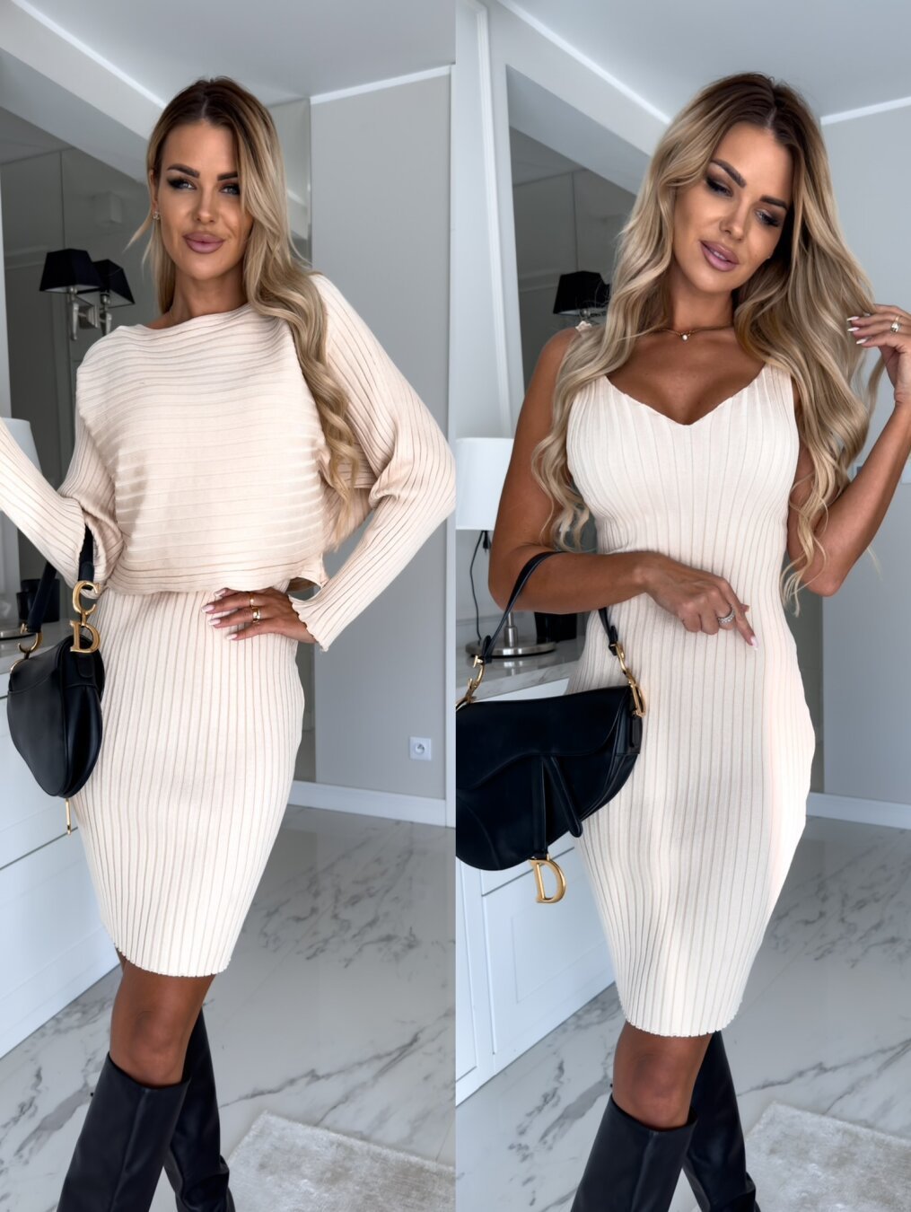 2pcs Suit Women's Solid Stripe Long-sleeved Top And Tight Suspender Skirt Fashion Autumn Winter Slim Clothing - 𝓢𝓱𝓸𝓹𝓵𝓮𝓬𝔂