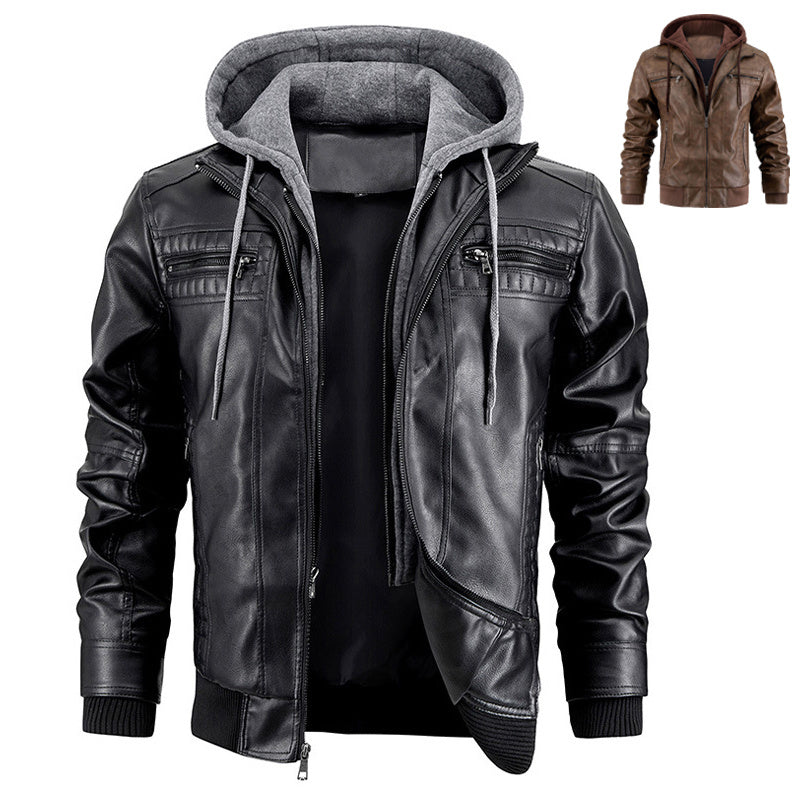 Hooded Jacket With Zipper Pockets Fashion Warm Pu Leather Coat Mens Clothing - 𝓢𝓱𝓸𝓹𝓵𝓮𝓬𝔂