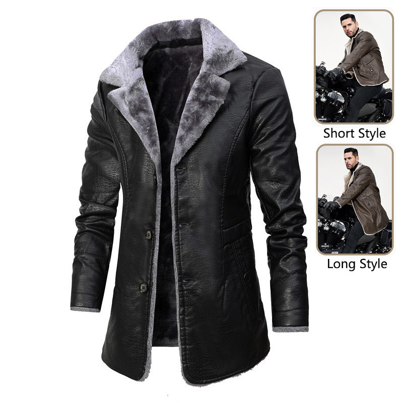Plush Lapel Leather Jacket Winter Warm Fleece Single-breasted Coat For Men Long Clothing - 𝓢𝓱𝓸𝓹𝓵𝓮𝓬𝔂
