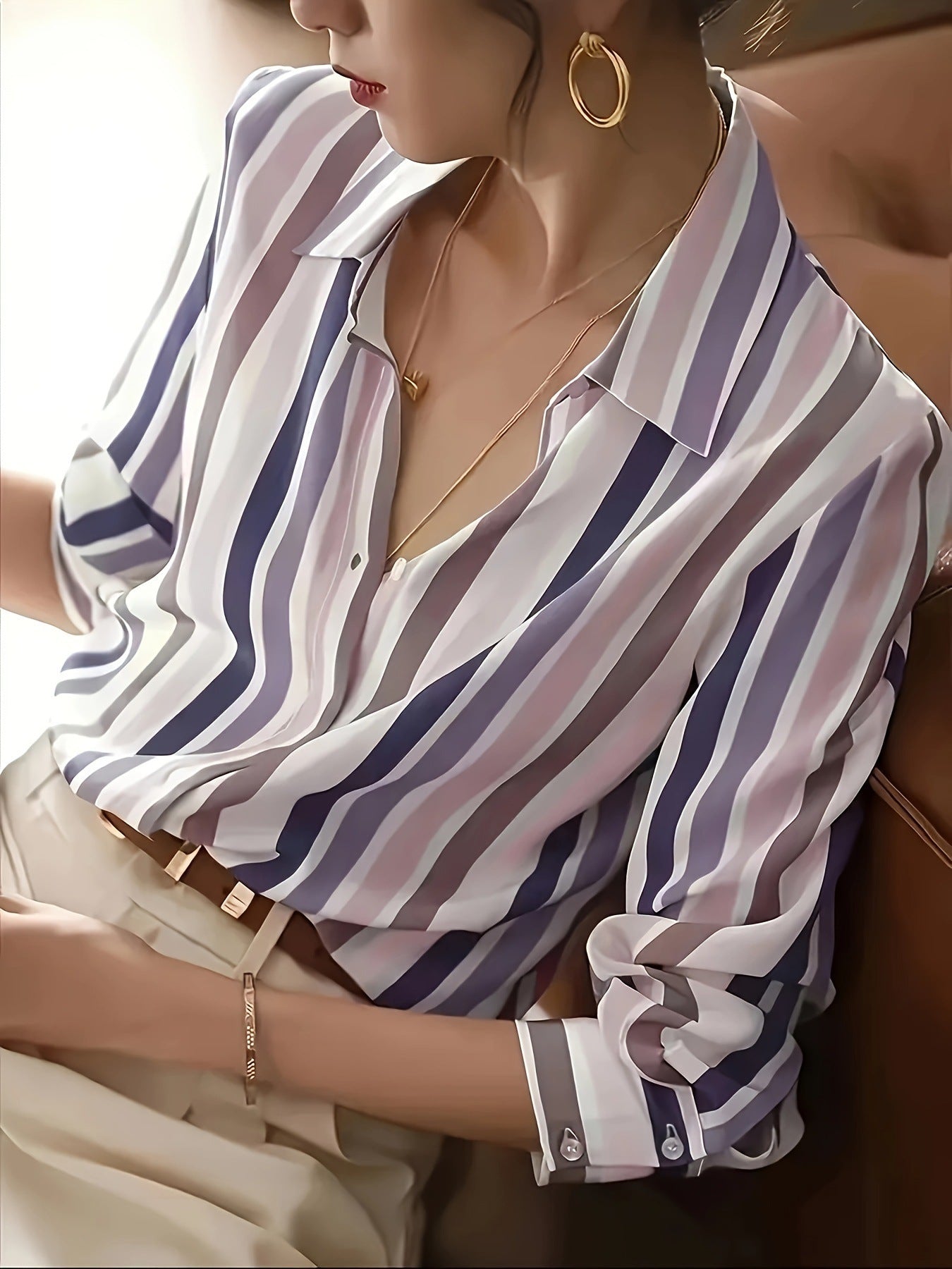 Color Blocking Temperament Striped Shirt For Women - 𝓢𝓱𝓸𝓹𝓵𝓮𝓬𝔂