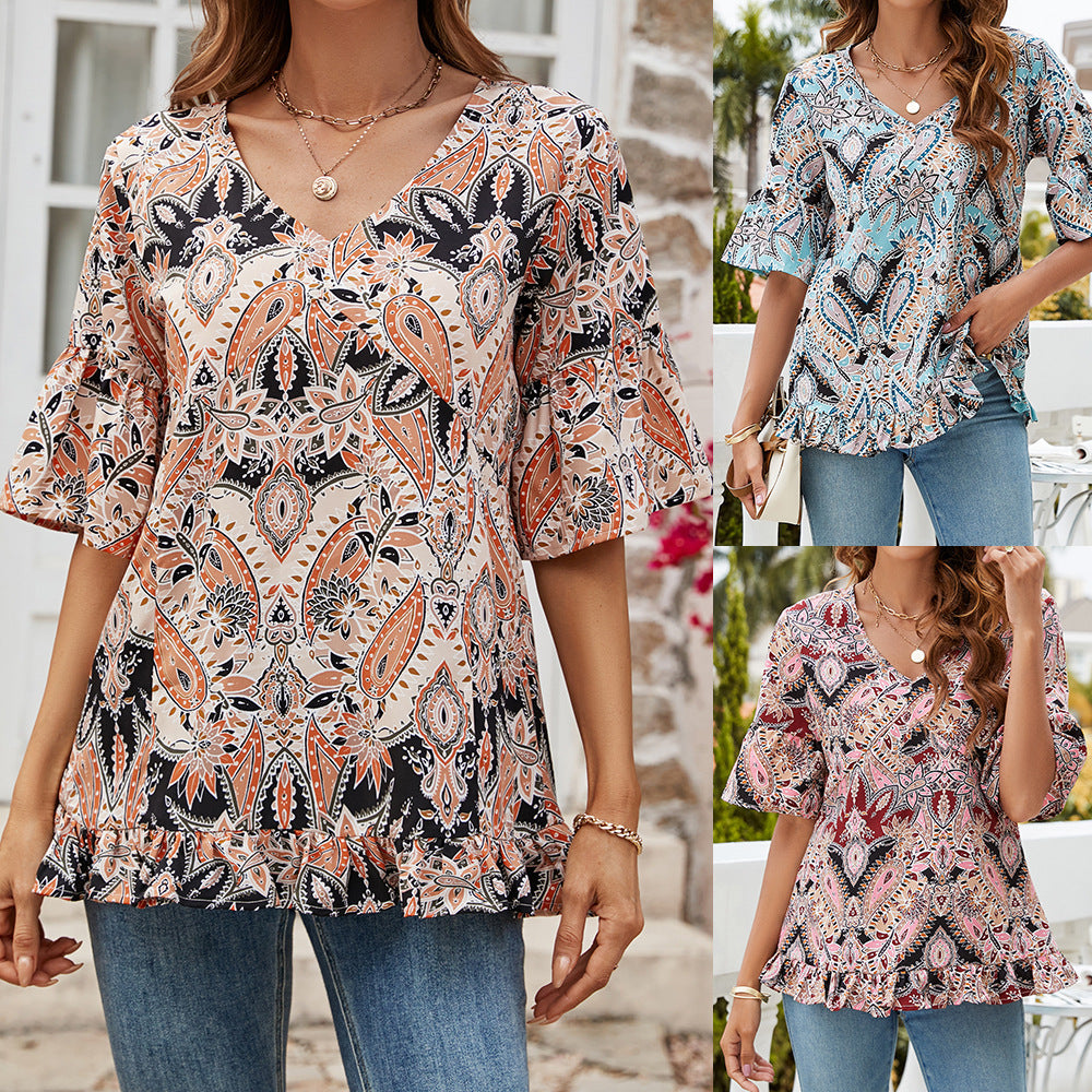 V-neck Printed T-shirt Casual Bell Sleeve Top - 𝓢𝓱𝓸𝓹𝓵𝓮𝓬𝔂