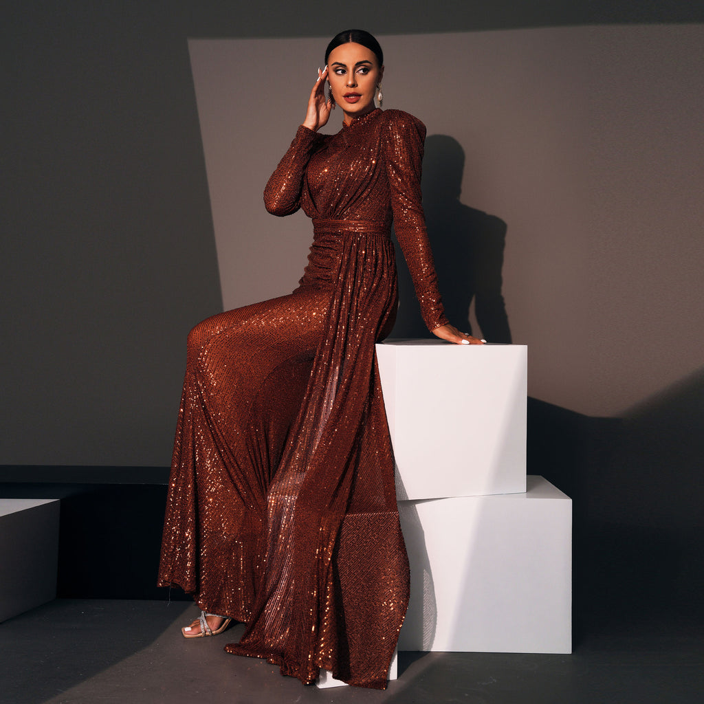 Long Sleeve Round Neck Sexy Slim Long Sequined Banquet Dress - 𝓢𝓱𝓸𝓹𝓵𝓮𝓬𝔂