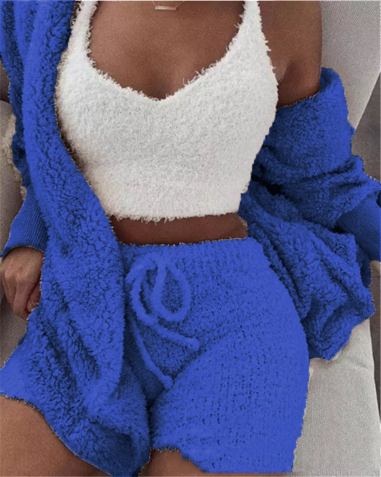 Winter Sexy Women Home Wear Suit Casual Pajamas Set Lady Female Soft Warm Long Sleeve Exposed Navel Vest Shorts Set - 𝓢𝓱𝓸𝓹𝓵𝓮𝓬𝔂