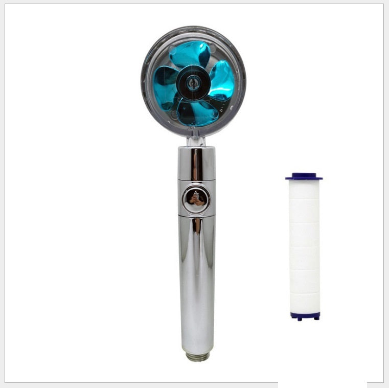 Propeller Driven Shower Head With Stop Button And Cotton Filter Turbocharged High Pressure Handheld Shower Nozzle 