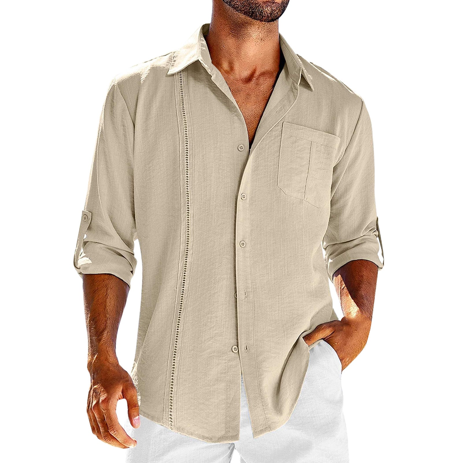 Casual  Long Sleeve Shirt With Pocket Lace Polo Collar Solid Color Button Mens Clothing - 𝓢𝓱𝓸𝓹𝓵𝓮𝓬𝔂