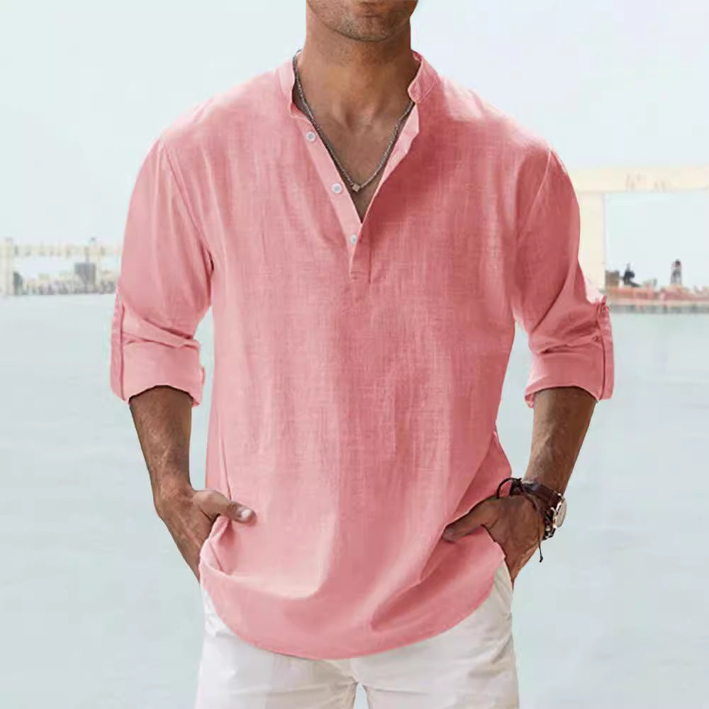Men's Linen Stand-up Collar Long Sleeve T-shirt Loose Undershirt - 𝓢𝓱𝓸𝓹𝓵𝓮𝓬𝔂