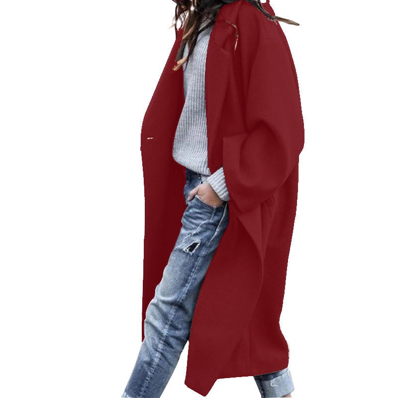 Casual Long Jacket With Pockets Solid Color Single Breasted Lapel Woolen Coat For Women Warm Winter Clothing - 𝓢𝓱𝓸𝓹𝓵𝓮𝓬𝔂