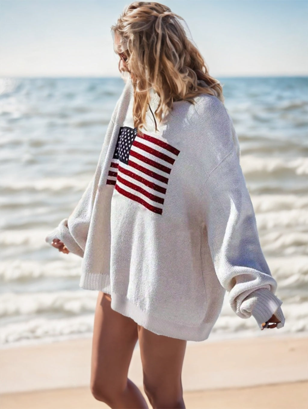 Usa Flag Design Drop Shoulder Sweater,Long Sleeve Tops - 𝓢𝓱𝓸𝓹𝓵𝓮𝓬𝔂