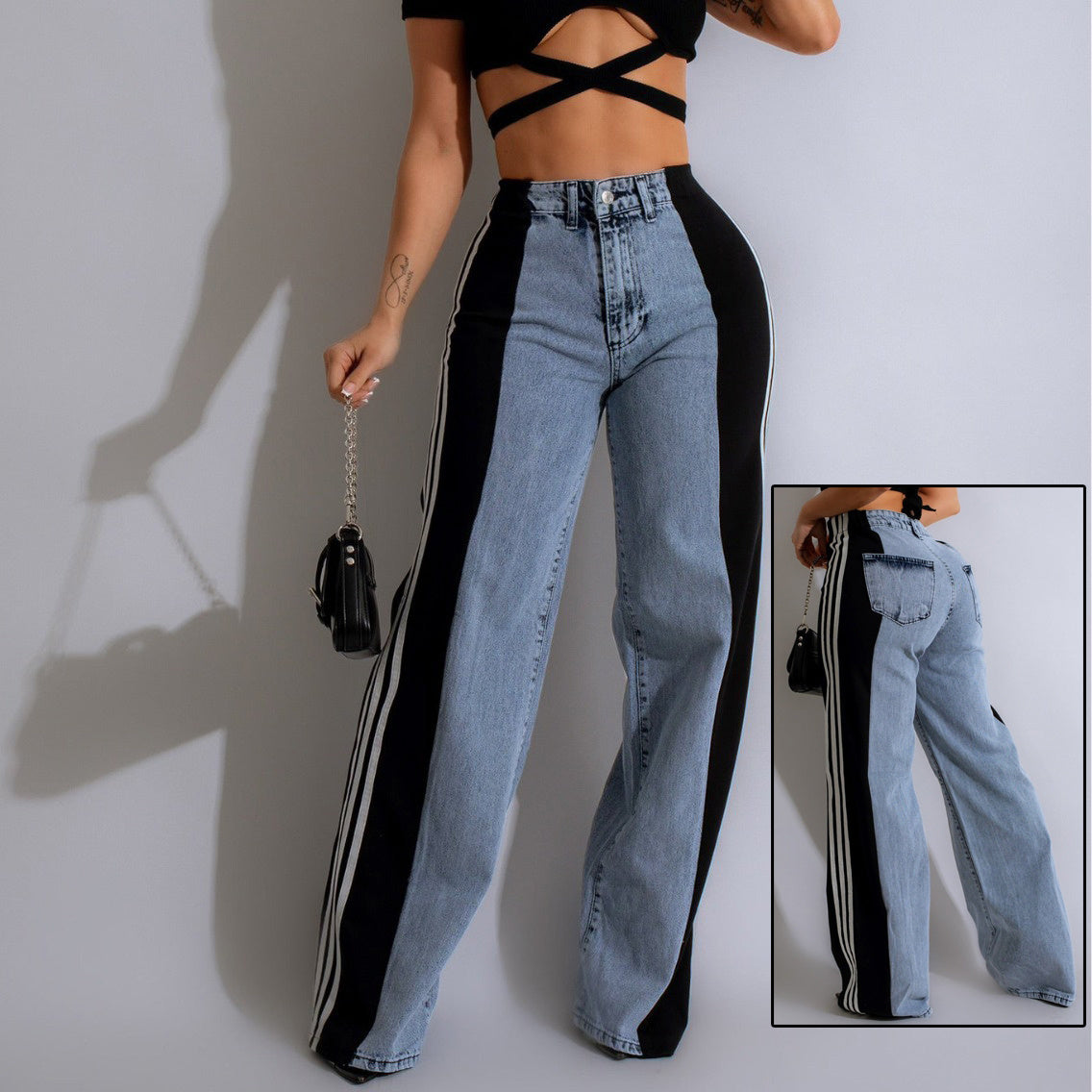 2025 Fashion Casual High Waist Elastic Straight Leg Trousers Three Stripe Patchwork Denim Wide Leg Pants Streetwear - 𝓢𝓱𝓸𝓹𝓵𝓮𝓬𝔂
