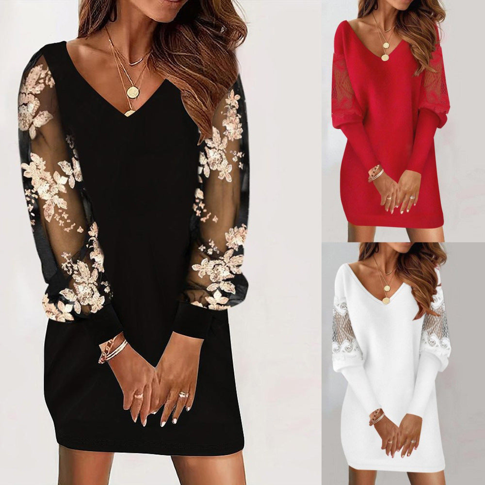 Long-sleeved V-neck Dress Spring And Autumn New Style Lace Splicing Dress For Womens Clothing - 𝓢𝓱𝓸𝓹𝓵𝓮𝓬𝔂