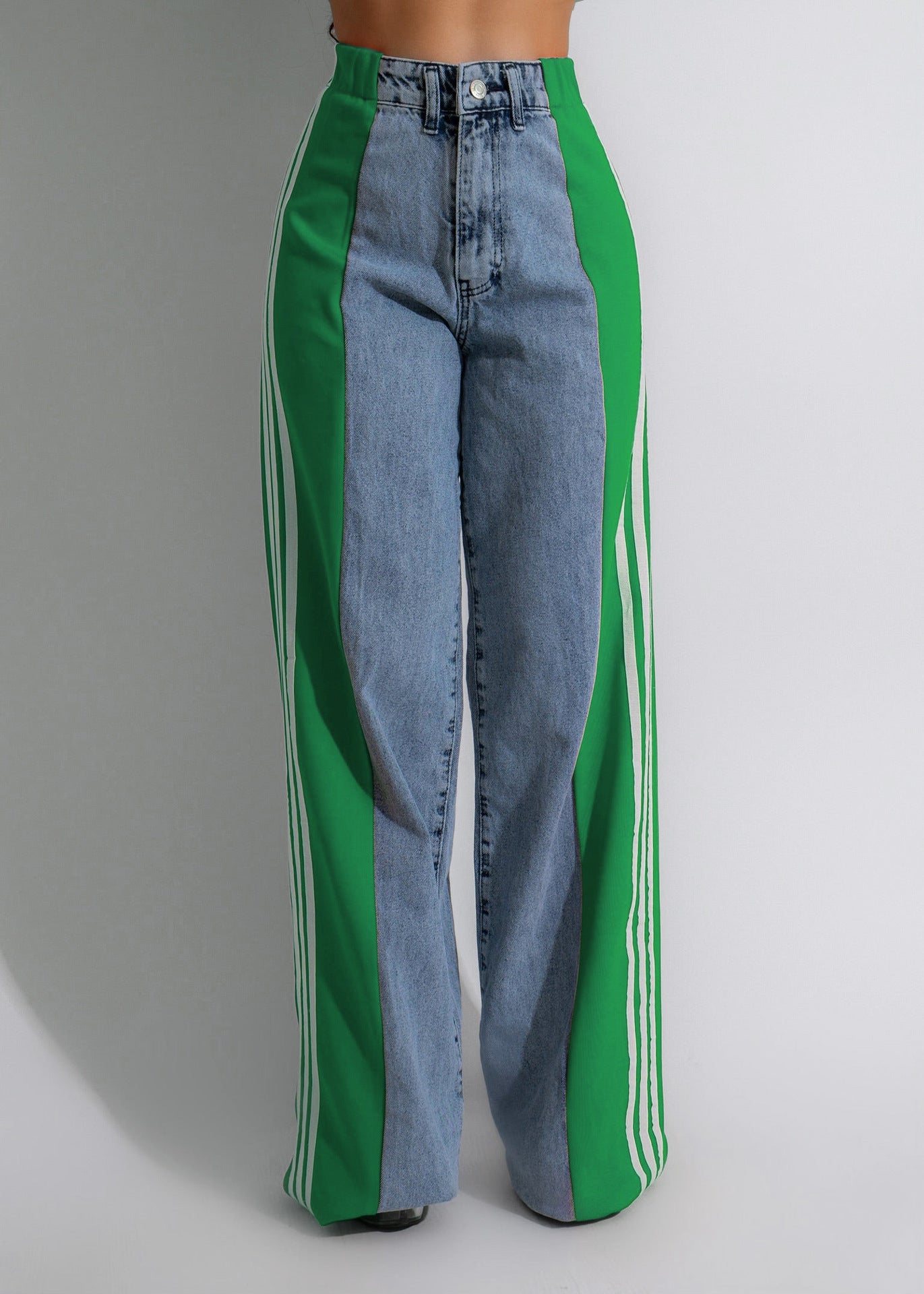 2025 Fashion Casual High Waist Elastic Straight Leg Trousers Three Stripe Patchwork Denim Wide Leg Pants Streetwear - 𝓢𝓱𝓸𝓹𝓵𝓮𝓬𝔂