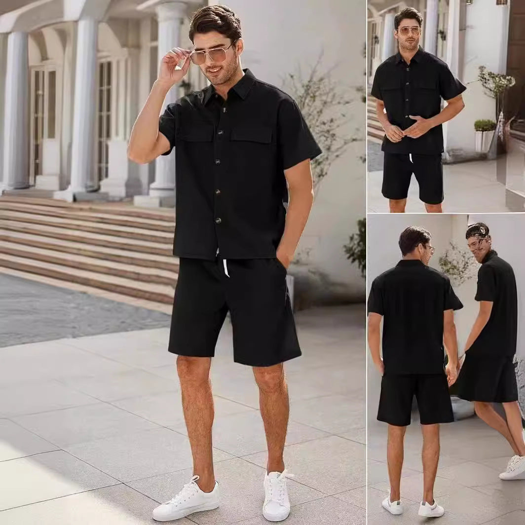 Summer Suits Men Short Sleeve Lapel Pockets Shirt And Drawstring Shorts Sports Fashion Leisure Men's Clothing - 𝓢𝓱𝓸𝓹𝓵𝓮𝓬𝔂