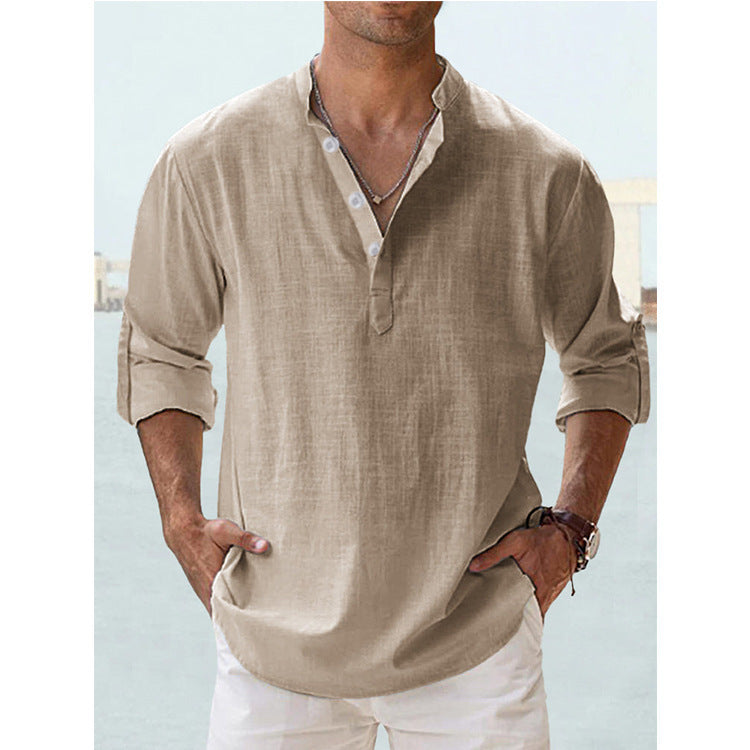 Men's Linen Stand-up Collar Long Sleeve T-shirt Loose Undershirt - 𝓢𝓱𝓸𝓹𝓵𝓮𝓬𝔂