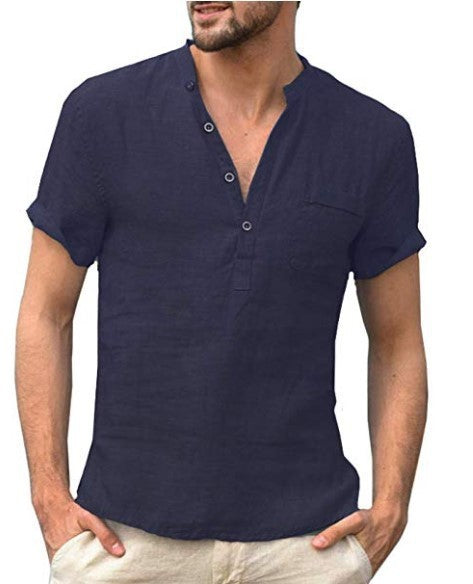 Casual Linen Solid Color Shirt Button V Neck Beach Shirt Men Summer Tops - 𝓢𝓱𝓸𝓹𝓵𝓮𝓬𝔂