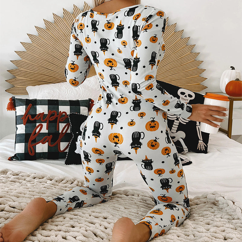Halloween Printed Jumpsuit Long Sleeve Home Pajamas Casual Trousers Women's Cos Clothing - 𝓢𝓱𝓸𝓹𝓵𝓮𝓬𝔂